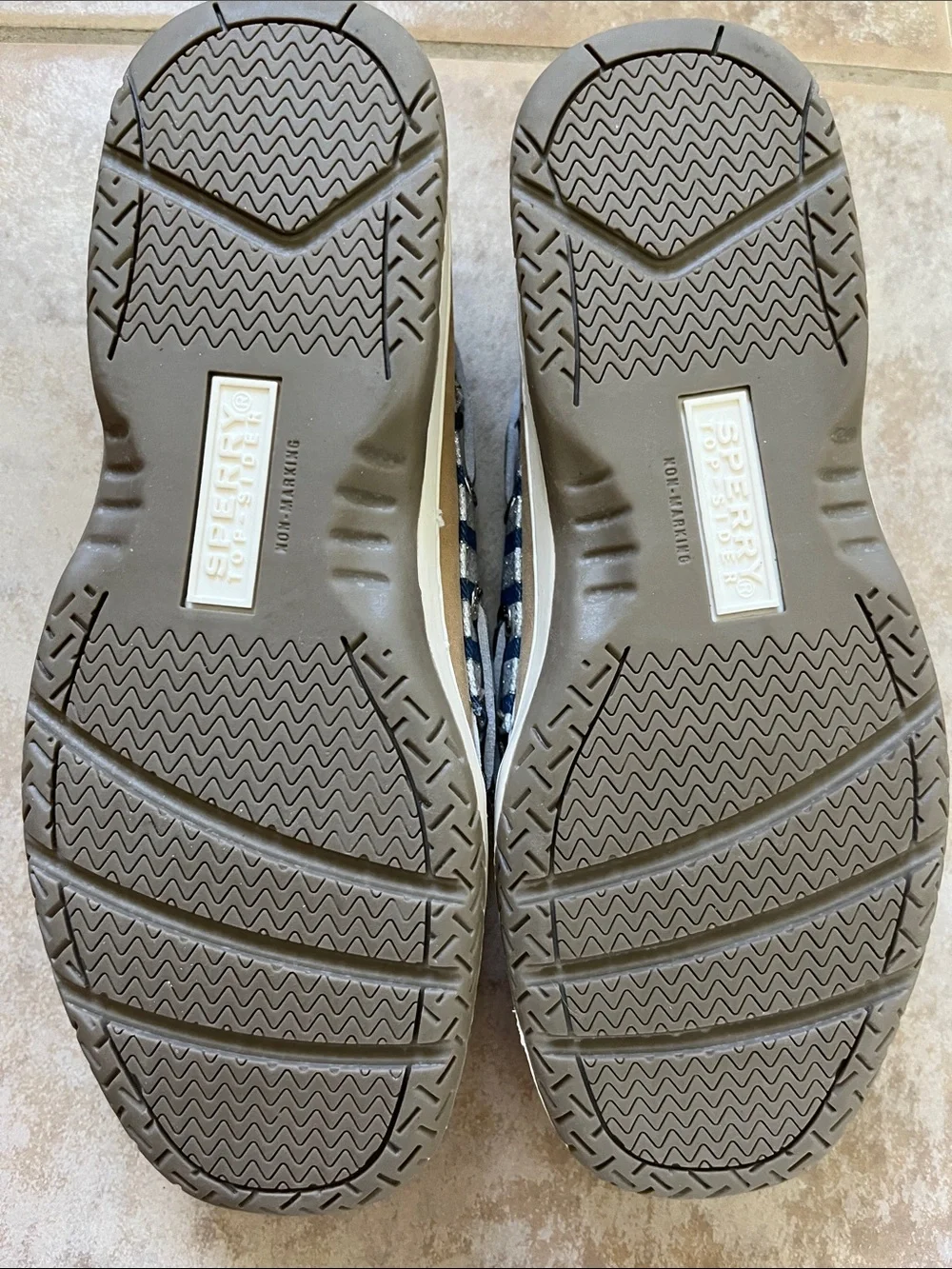 Sperry Kids Tan Leather Moccasins with Navy & Silver Stripes Angelfish